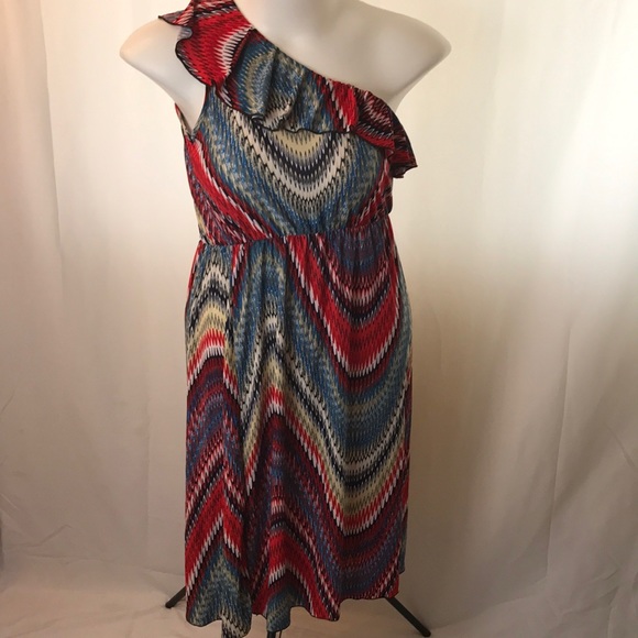 Red White Blue Dress Ruffle one shoulder Retro 4th fourth of july USA America - Picture 3 of 7